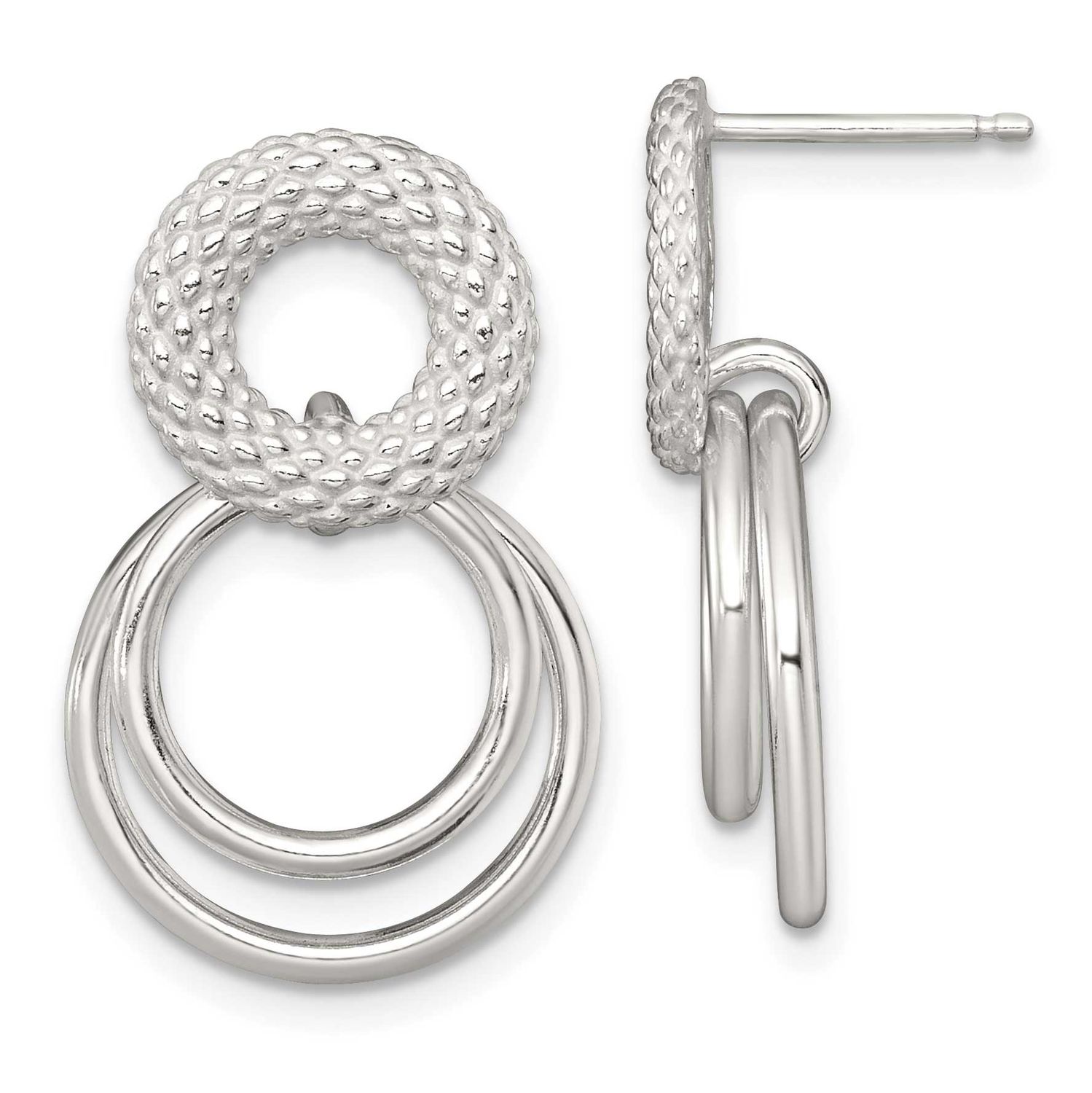 Textured Double Circle Post Dangle Earrings Sterling Silver Polished, MPN: QE18015, UPC: