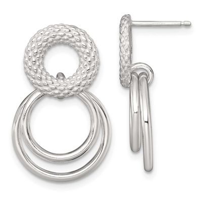 Textured Double Circle Post Dangle Earrings Sterling Silver Polished, MPN: QE18015, UPC: