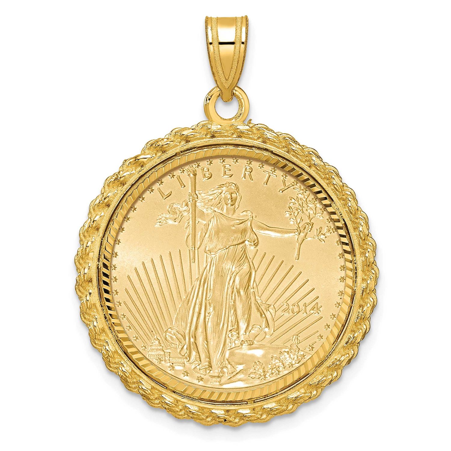 Diamond-Cut Casted Rope Prong Mounted 1/4Oz American Eagle Coin Bezel Pendant 14k Gold, MPN: C8185D…