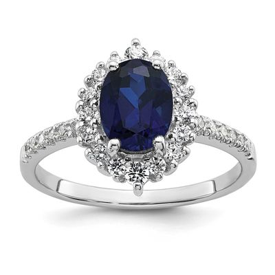 Cr. Sapphire and CZ Oval Halo Ring Sterling Silver Rhodium-Plated Polished, MPN: QR7661CSA, UPC: