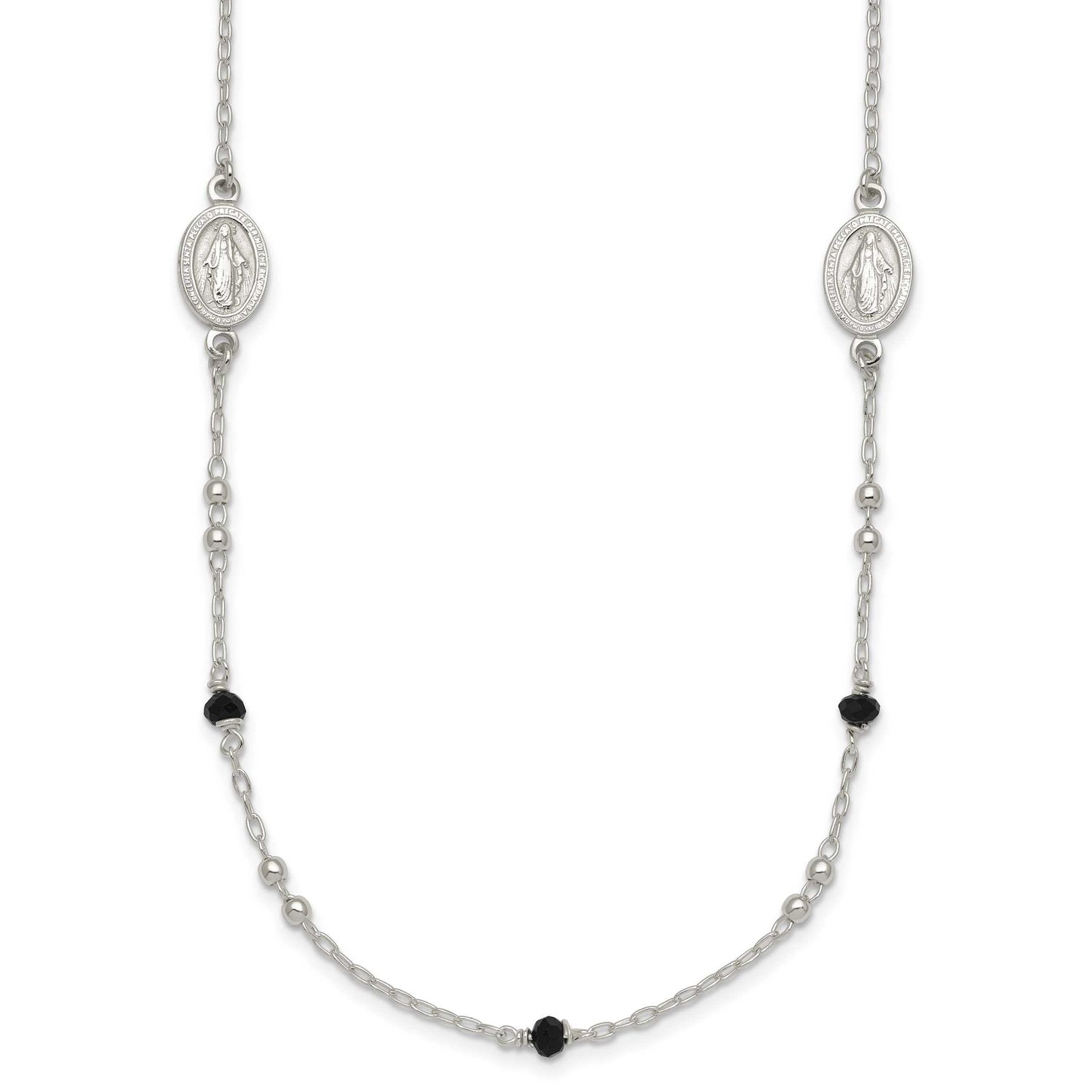 Black Glass Beads Miraculous Medal Necklace Sterling Silver Textured, MPN: QG7119-16, UPC: