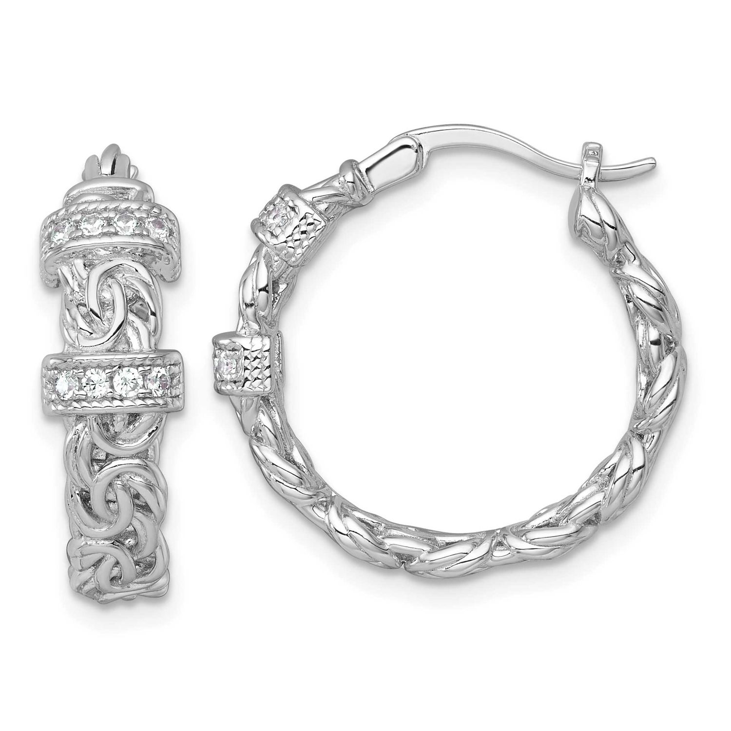 CZ Byzantine Link Round Hoop Earrings Sterling Silver Rhodium-Plated Polished, MPN: QE18132, UPC: