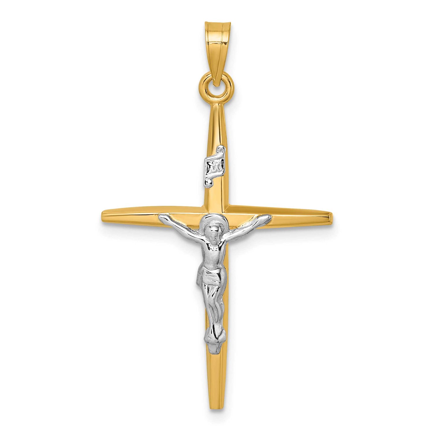 Inri Crucifix Cross Pendant 14k Gold with Rhodium Polished, MPN: XR2179, UPC: