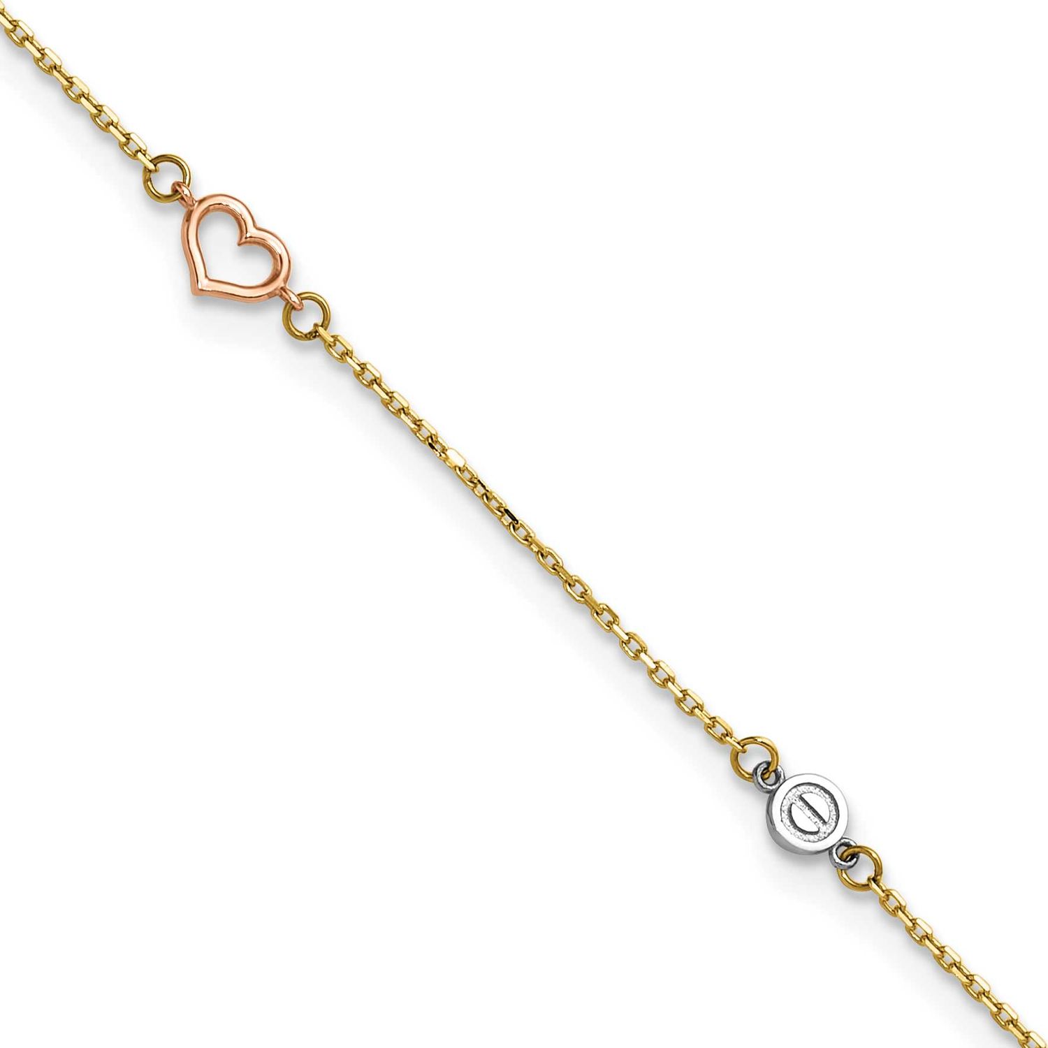 Polished 9 Inch Plus 1 Inch Extender Hearts and Circles Anklet 14K Tri-Color Gold, MPN: ANK355-9, U…
