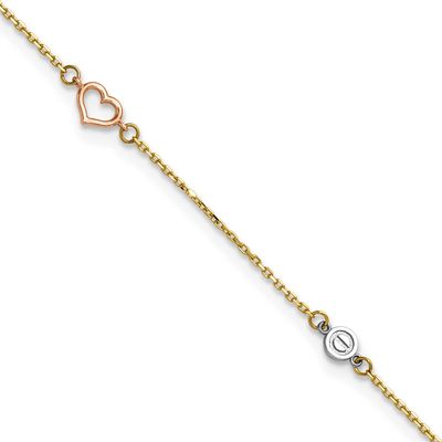 Polished 9 Inch Plus 1 Inch Extender Hearts and Circles Anklet 14K Tri-Color Gold, MPN: ANK355-9, U…