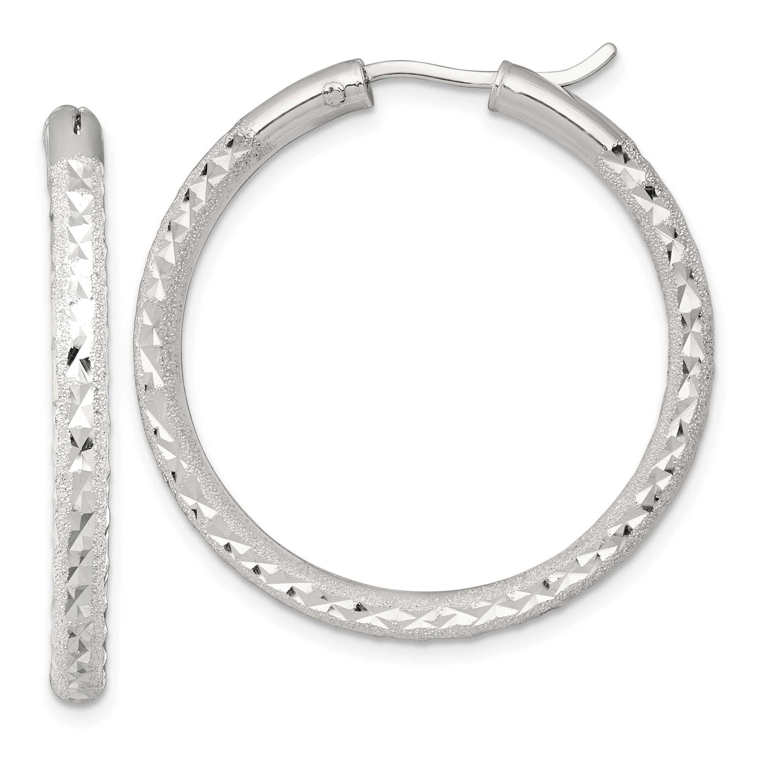 Laser and Diamond-Cut 35x3.25mm Hidden Catch Round Hoop Earrings Sterling Silver, MPN: QE17854, UPC: