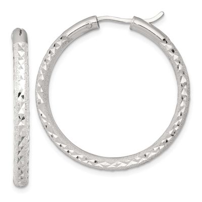 Laser and Diamond-Cut 35x3.25mm Hidden Catch Round Hoop Earrings Sterling Silver, MPN: QE17854, UPC: