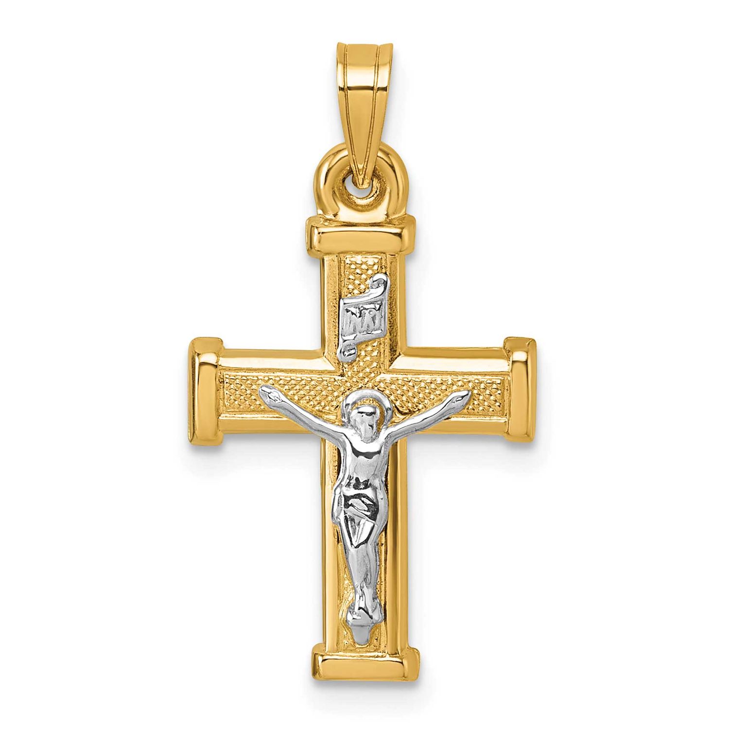 Inri Crucifix Cross Pendant 14k Gold with Rhodium Polished, MPN: XR2180, UPC: