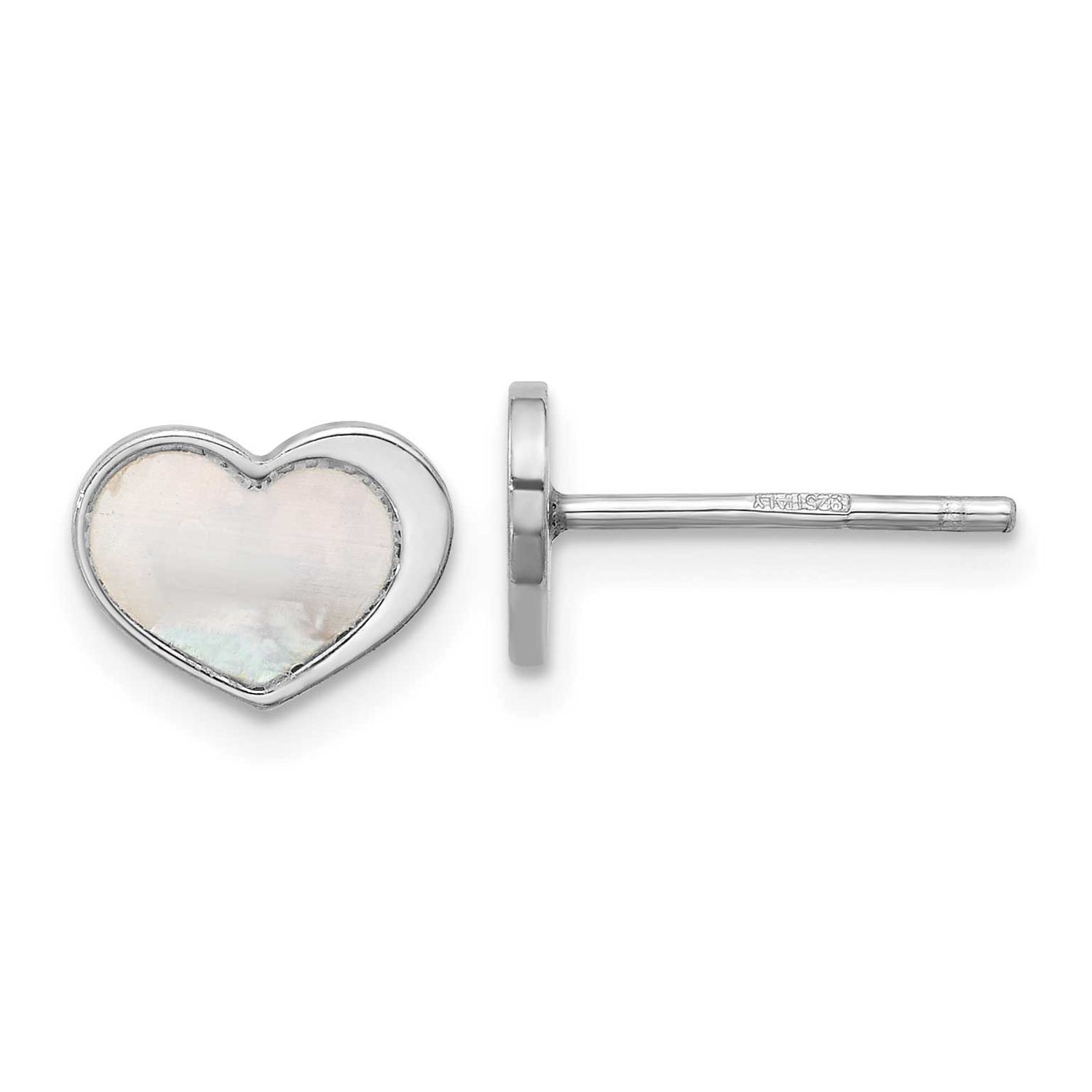 Mother of Pearl Heart Post Earrings Sterling Silver Rhodium-Plated, MPN: QE17804, UPC: