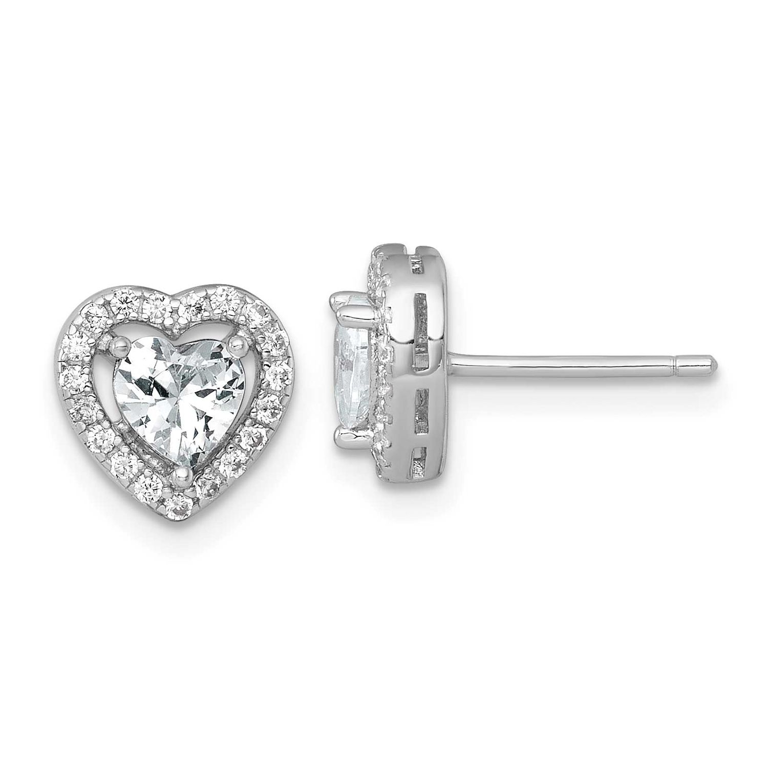 9mm Heart Halo CZ Post Earrings Sterling Silver Rhodium-Plated Polished, MPN: QE17801, UPC: