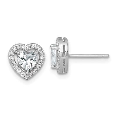 9mm Heart Halo CZ Post Earrings Sterling Silver Rhodium-Plated Polished, MPN: QE17801, UPC: