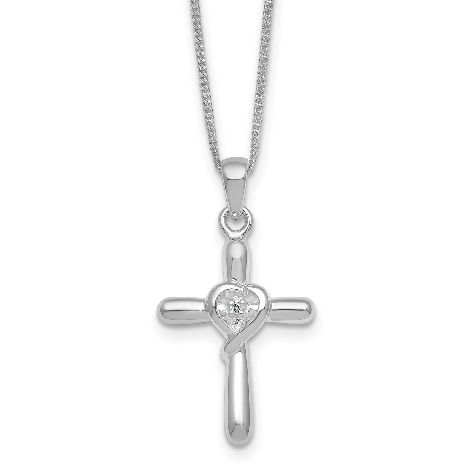 CZ Heart Cross 20 Inch with 3 Inch Extension Necklace Sterling Silver Rhodium-Plated Polished, MPN:…