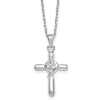 CZ Heart Cross 20 Inch with 3 Inch Extension Necklace Sterling Silver Rhodium-Plated Polished, MPN:…