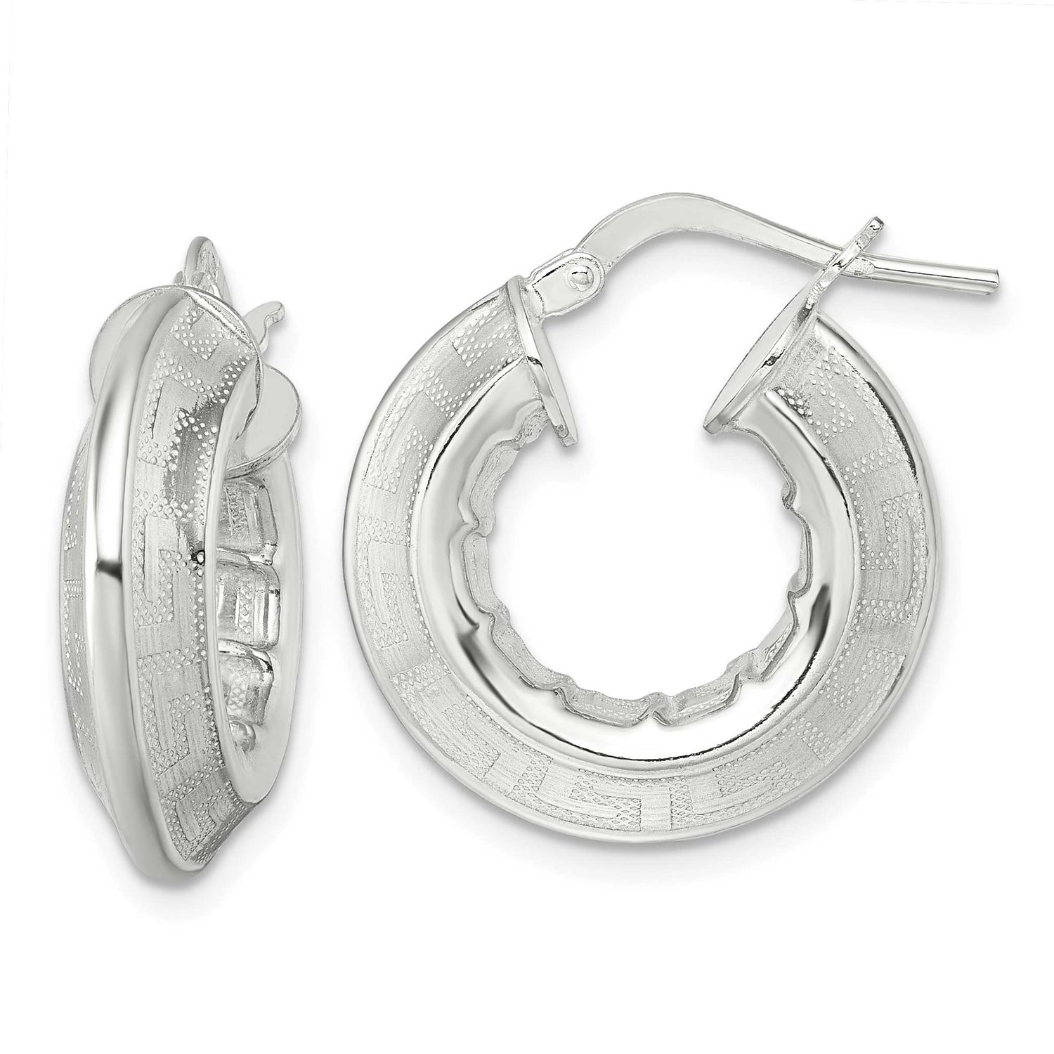 Greek Key Knife Edge Hoop Earrings Sterling Silver Polished, MPN: QE17864, UPC: