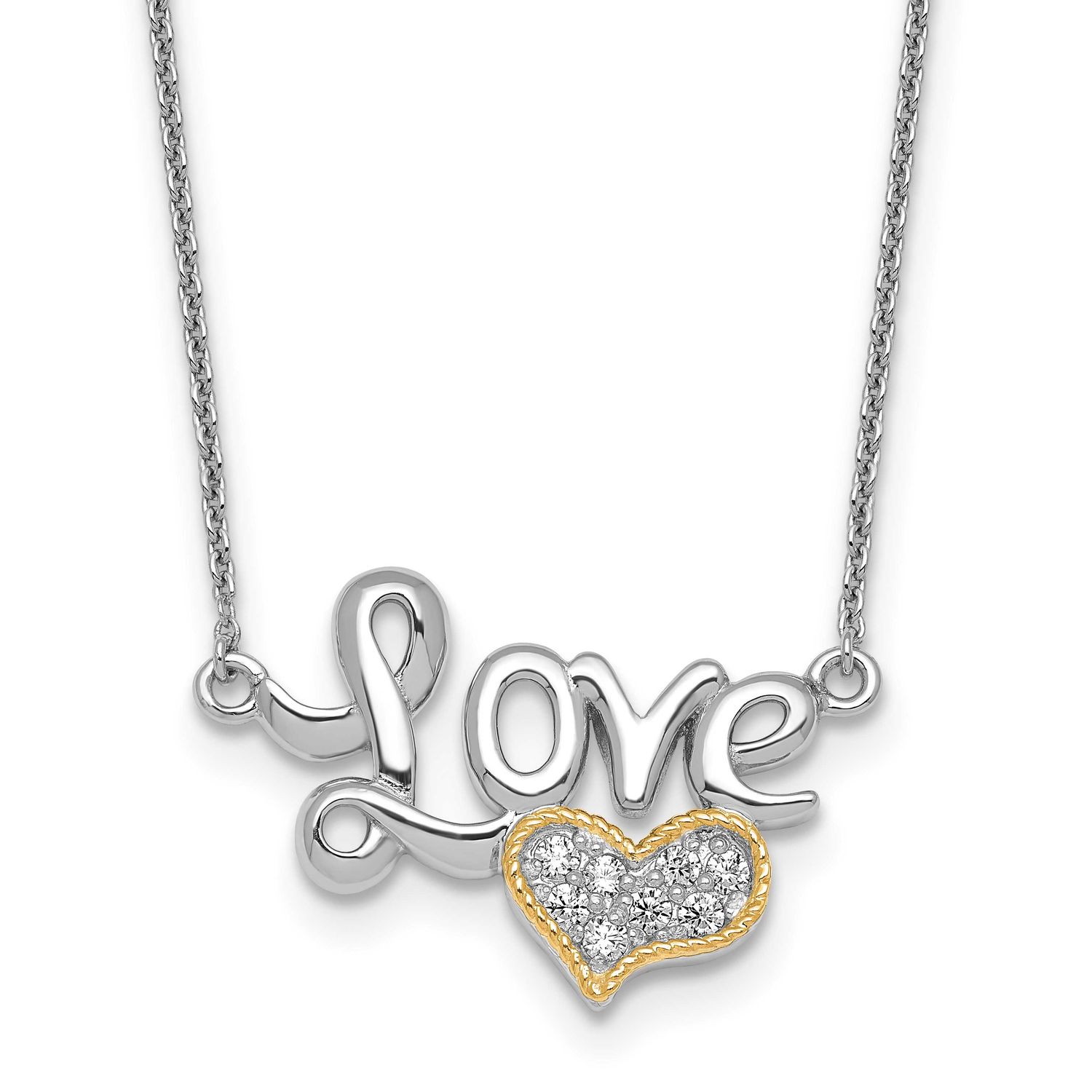 14k Accent Polished CZ Love Heart 16 Inch 2 Inch Extension Necklace Sterling Silver Rhodium-Plated,…