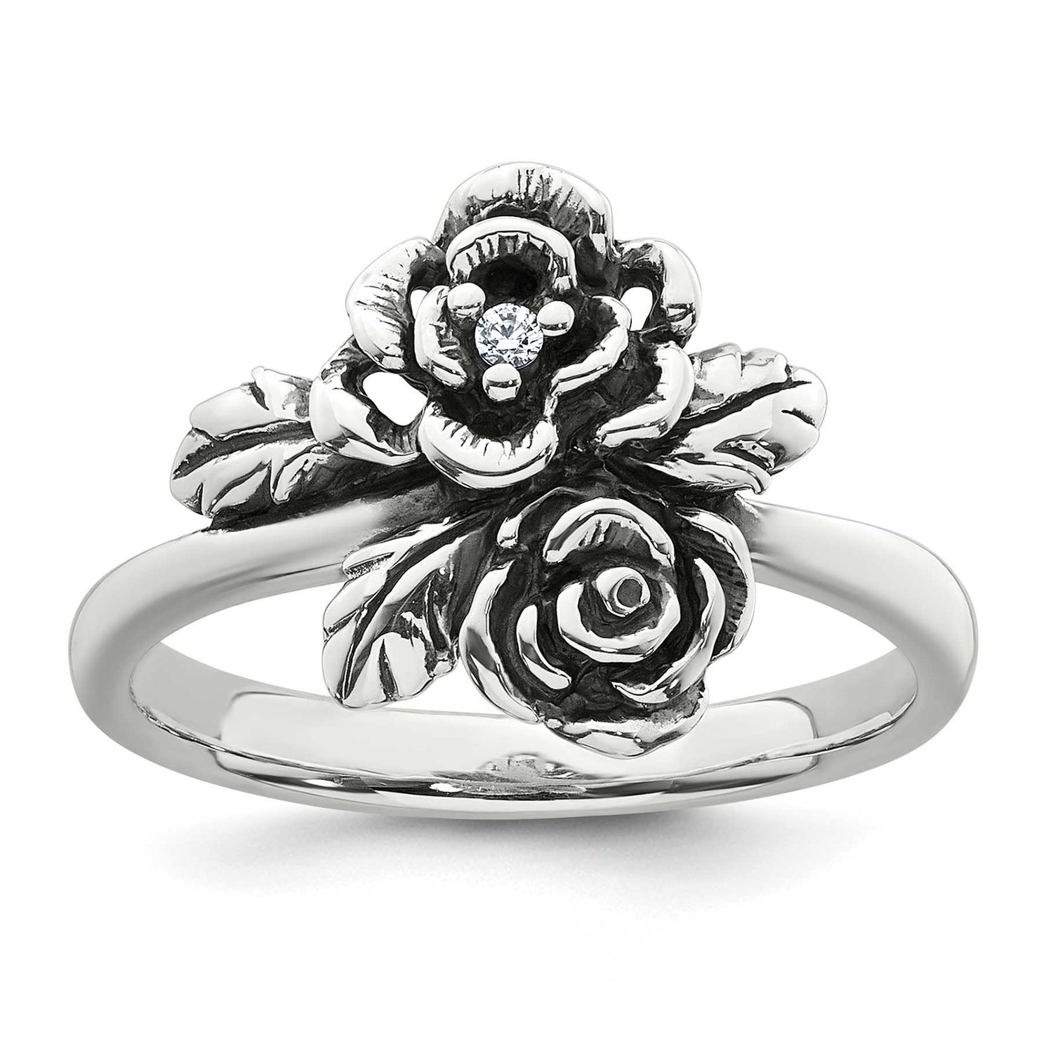 Polished CZ Flower Ring Sterling Silver Antiqued, MPN: QG7232R-7, UPC:
