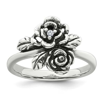 Polished CZ Flower Ring Sterling Silver Antiqued, MPN: QG7232R-7, UPC: