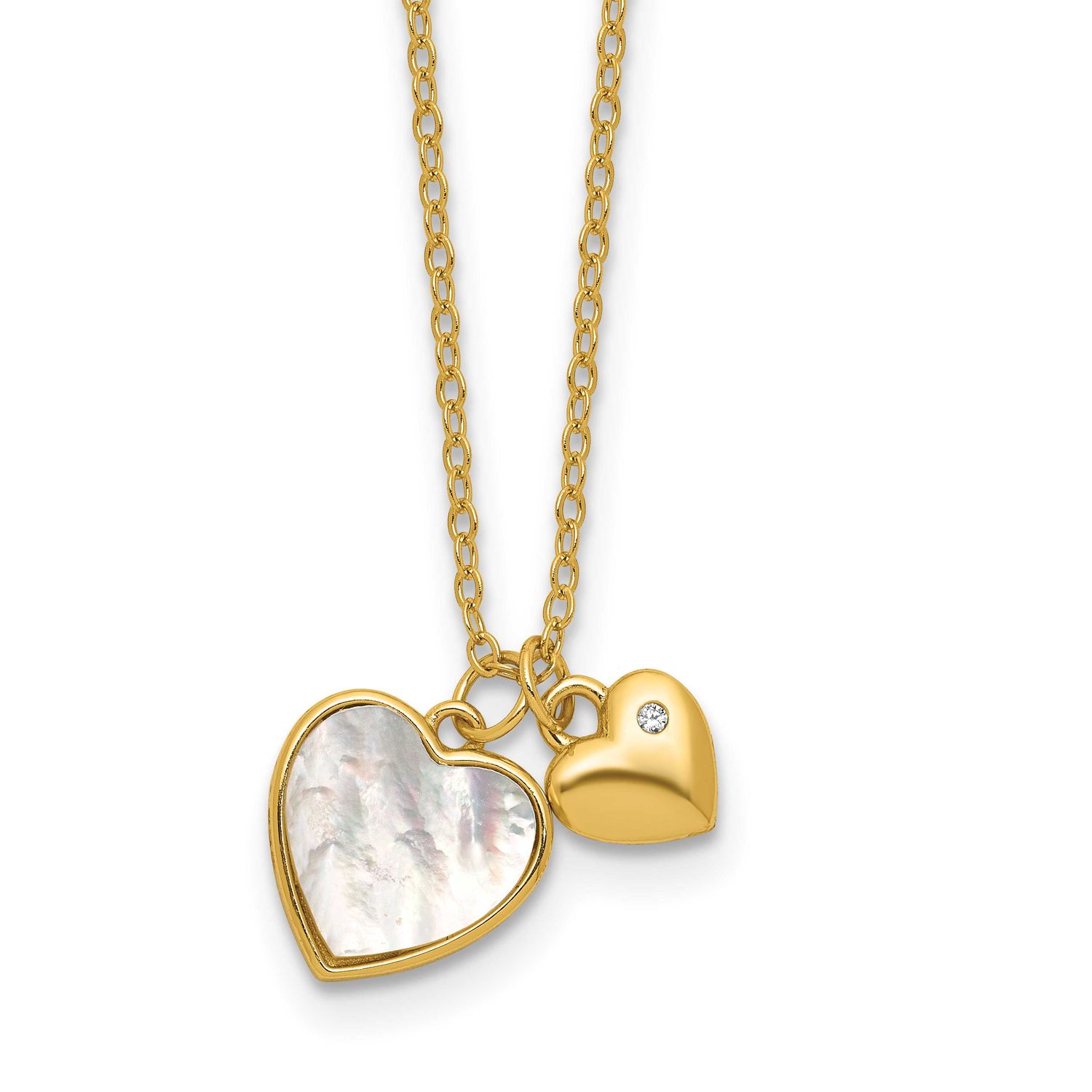 Mop CZ Hearts 14 Inch with 3 Inch Extension Children&#39;s Necklace Sterling Silver Gold-Tone, MPN: QG7…