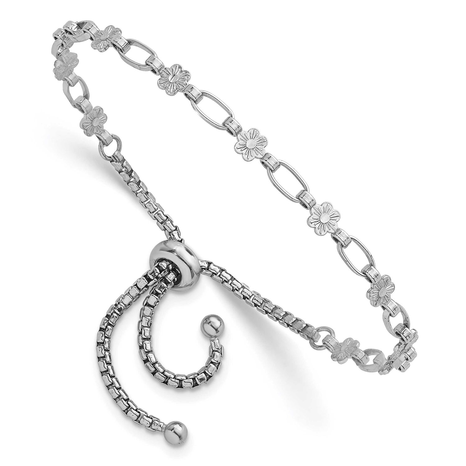 Polished Flower Bolo Bracelet Sterling Silver Rhodium-Plated, MPN: QG6801, UPC: