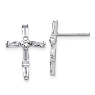 Polished White CZ Cross Post Earrings Sterling Silver Rhodium-Plated, MPN: QG7209E, UPC: