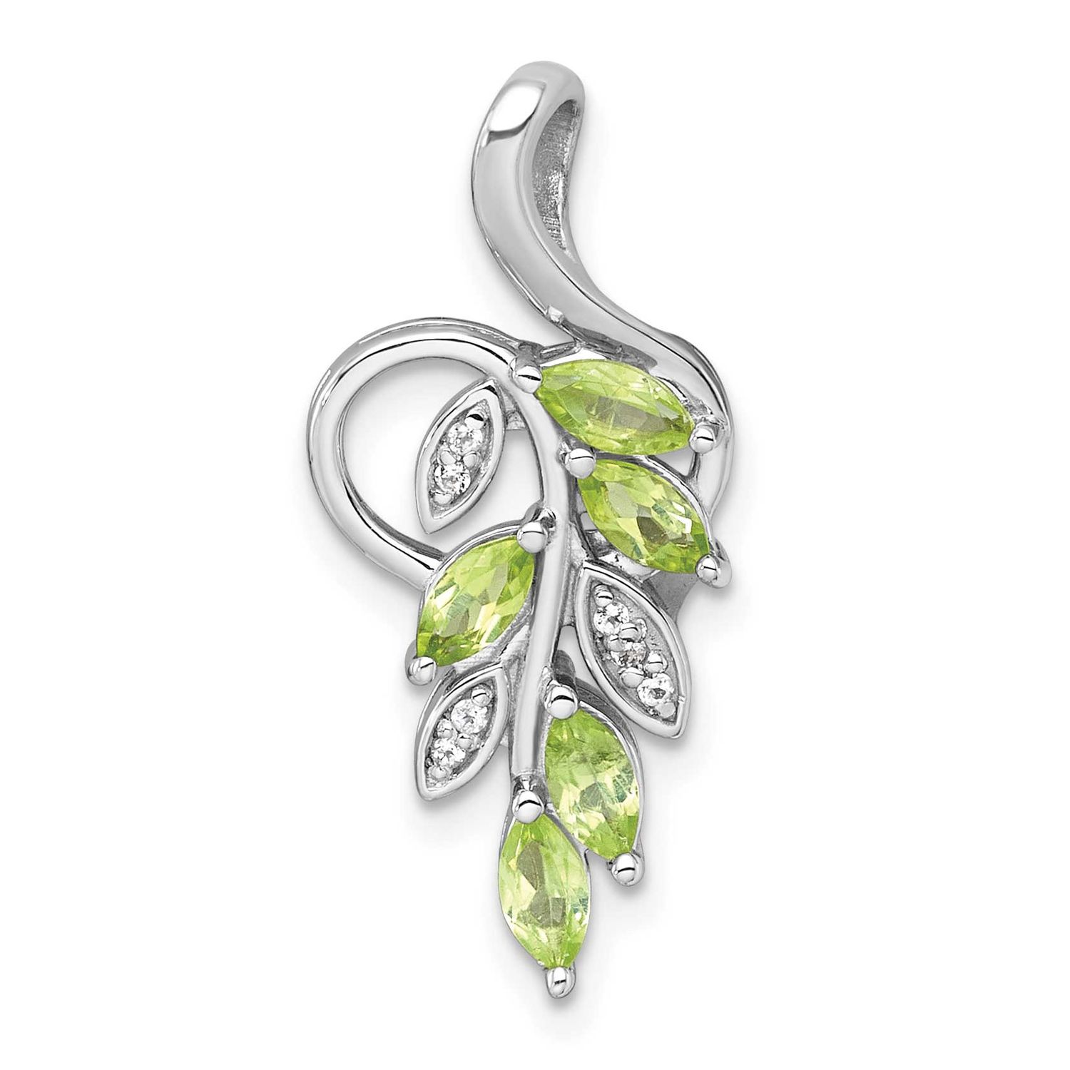 Polished Peridot and White Topaz Leaves Chain Slide Sterling Silver Rhodium-Plated, MPN: QP6020PE, …
