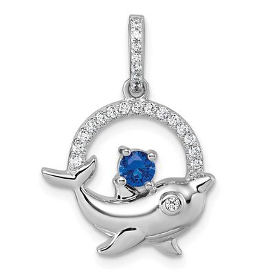 Blue and White CZ Dolphin Pendant Sterling Silver Rhodium-Plated, MPN: QP5925, UPC: