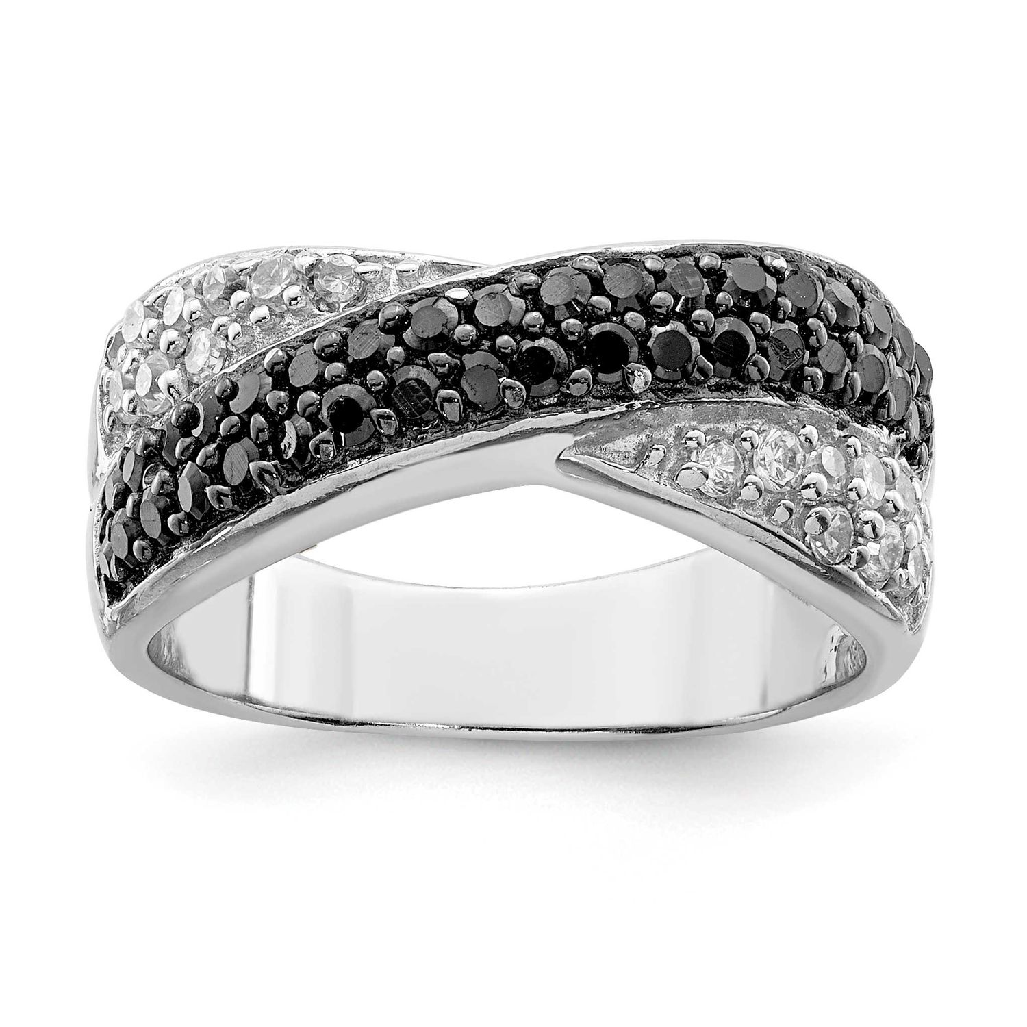Black &amp; White CZ Crossed Ring Sterling Silver Rhodium-Plated, MPN: QR2755, UPC: 883957462684