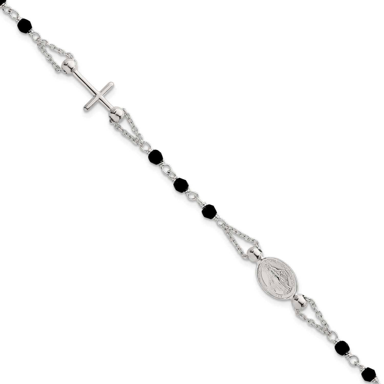 Beaded Black Glass 6.5 Inch with 1 Inch Extension Rosary-Design Bracelet Sterling Silver Polished, …