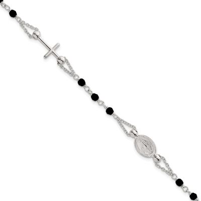 Beaded Black Glass 6.5 Inch with 1 Inch Extension Rosary-Design Bracelet Sterling Silver Polished, …