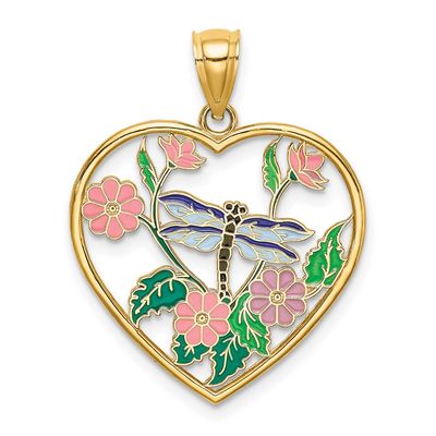 Enamel Dragonfly and Flower In Heart Charm 14k Gold, MPN: K6861, UPC: 637218127436
