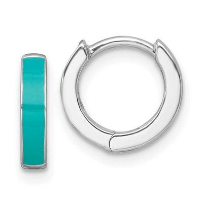Teal Enameled Hinged Round Hoop Earrings Sterling Silver Rhodium-Plated, MPN: QE17950, UPC: