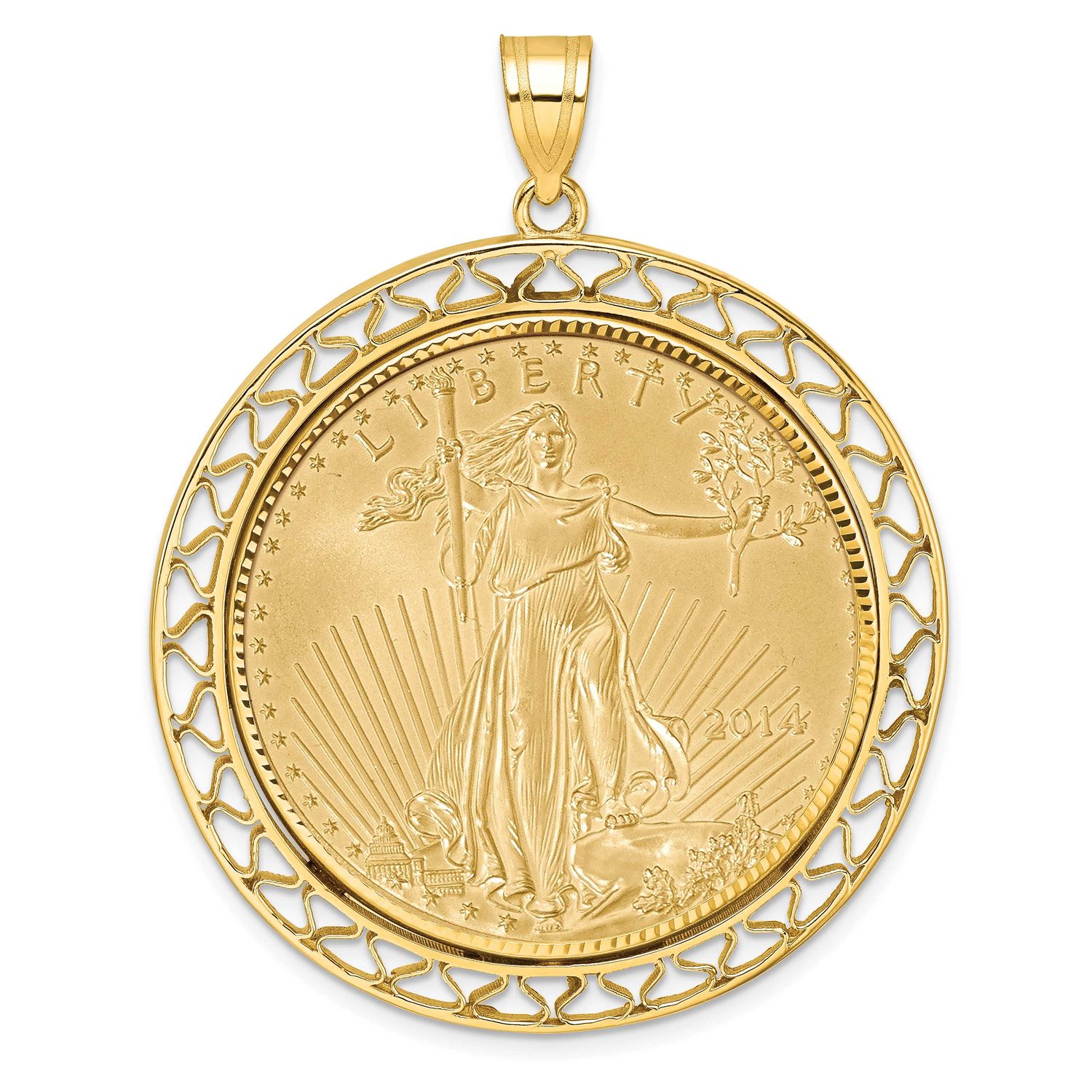 Fancy Wire Diamond-Cut Prong Mounted 1Oz American Eagle Coin Bezel Pendant 14k Gold, MPN: C8193D_32…