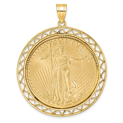 Fancy Wire Diamond-Cut Prong Mounted 1Oz American Eagle Coin Bezel Pendant 14k Gold, MPN: C8193D_32…