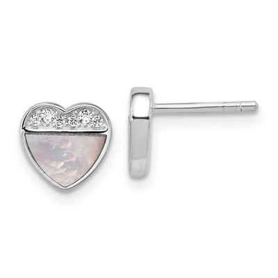 Polished CZ Mother of Pearl Heart Post Earrings Sterling Silver Rhodium-Plated, MPN: QG7110E, UPC: