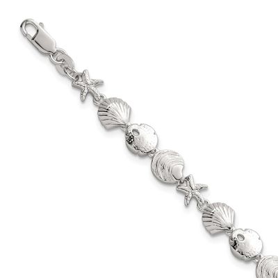 Textured Starfish Sand Dollar and Sea Shell 7.25 Inch Bracelet Sterling Silver Polished, MPN: QG684…