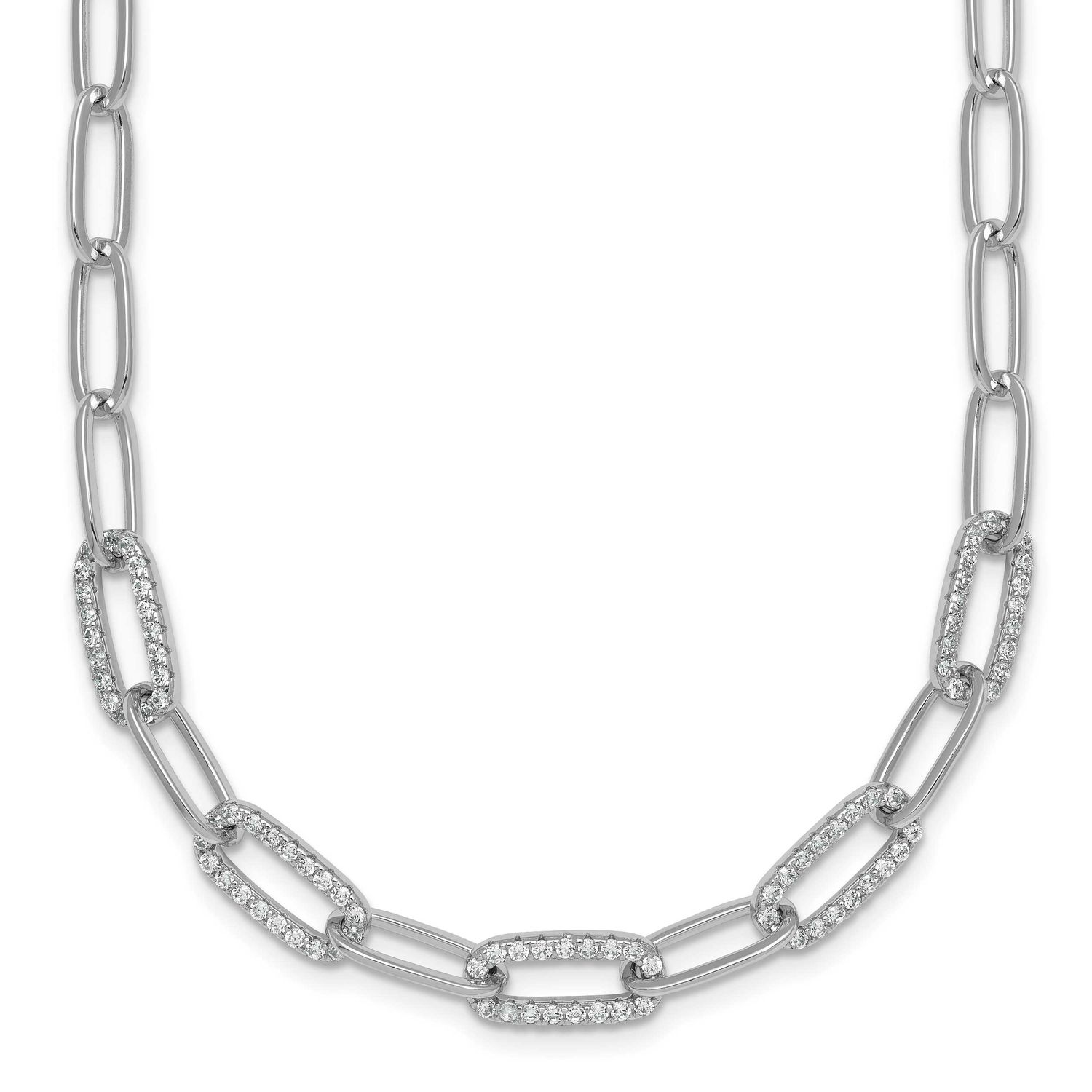 Fancy CZ Paperclip Chain 18 Inch Necklace 18 Inch Sterling Silver Rhodium-Plated Polished, MPN: QG6…
