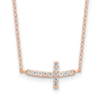 Rose Gold-Plated CZ Sideways Cross with 2 Inch Extension Necklace Sterling Silver, MPN: QG3476P-16,…