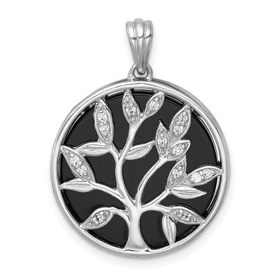 Polished Onyx Circle and CZ Tree of Life Pendant Sterling Silver Rhodium-Plated, MPN: QP5944, UPC: