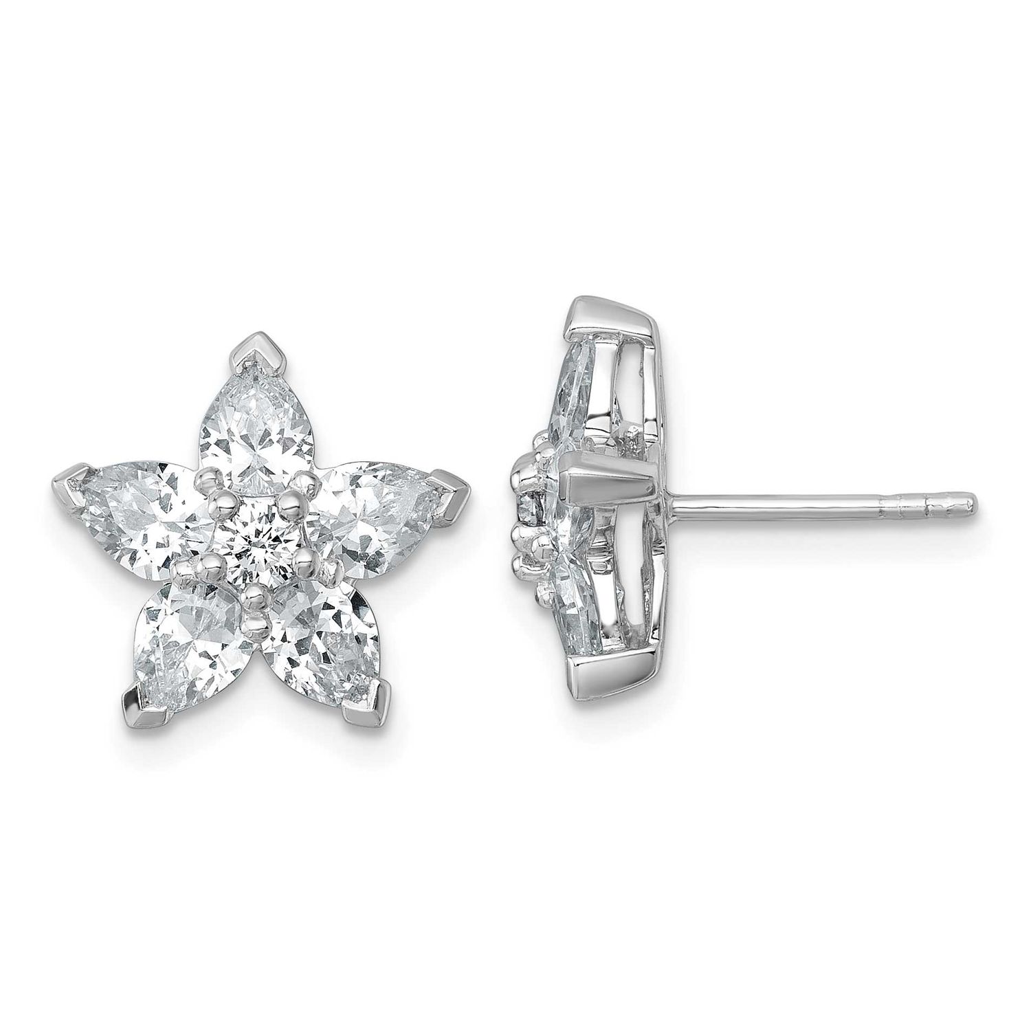 Polished CZ Flower Post Earrings Sterling Silver Rhodium-Plated, MPN: QG7224E, UPC: