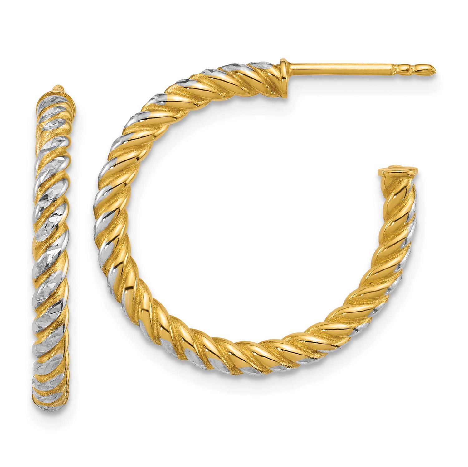 Diamond-cut Twisted 2.75mm Post Hoop Earrings 14k Gold with Rhodium Polished, MPN: TF2542, UPC:
