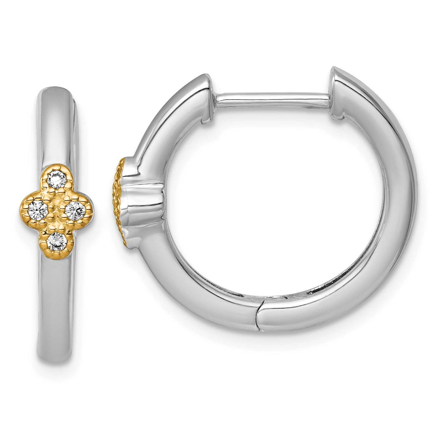 14k Accent Polished CZ Hinged Hoop Earrings Sterling Silver Rhodium-Plated, MPN: QE18242, UPC: