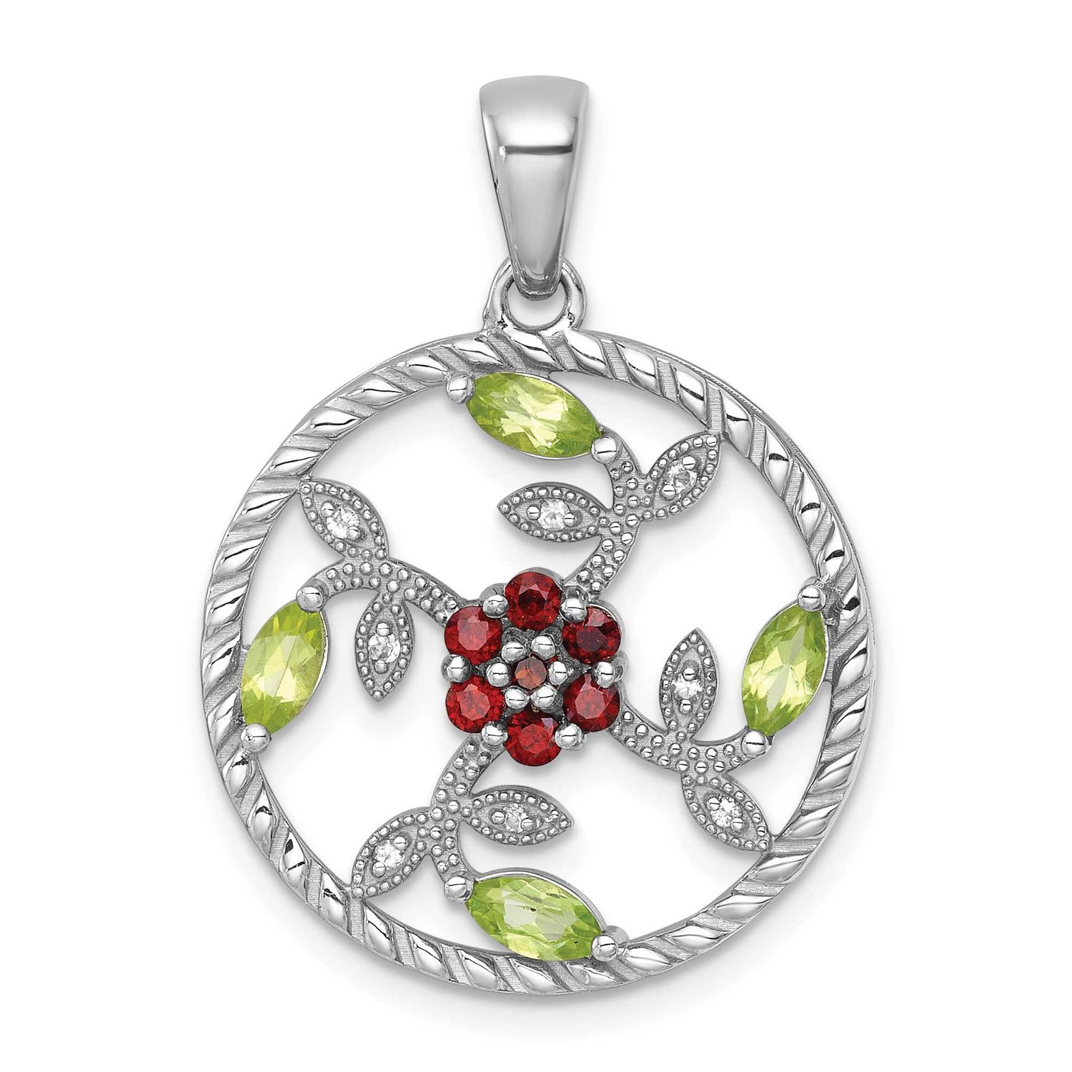 Polished Garnet Peridot and White Topaz Floral Twisted Circle Pendant Sterling Silver Rhodium-Plate…