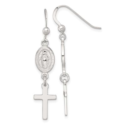 Miraculous Medal and Cross Dangle Earrings Sterling Silver Polished, MPN: QE18337, UPC: