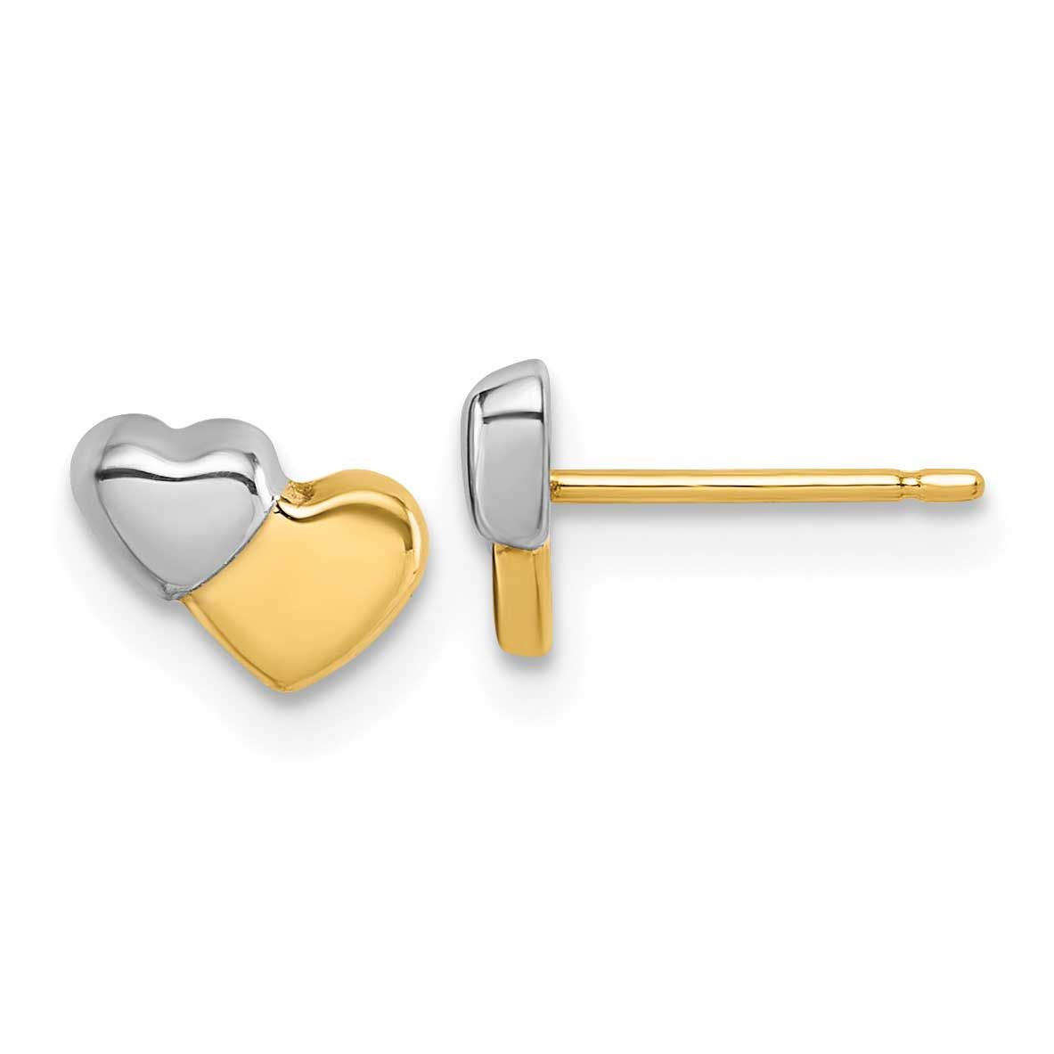 Polished Double Heart Post Earrings 14k Gold with Rhodium, MPN: YC1637, UPC: