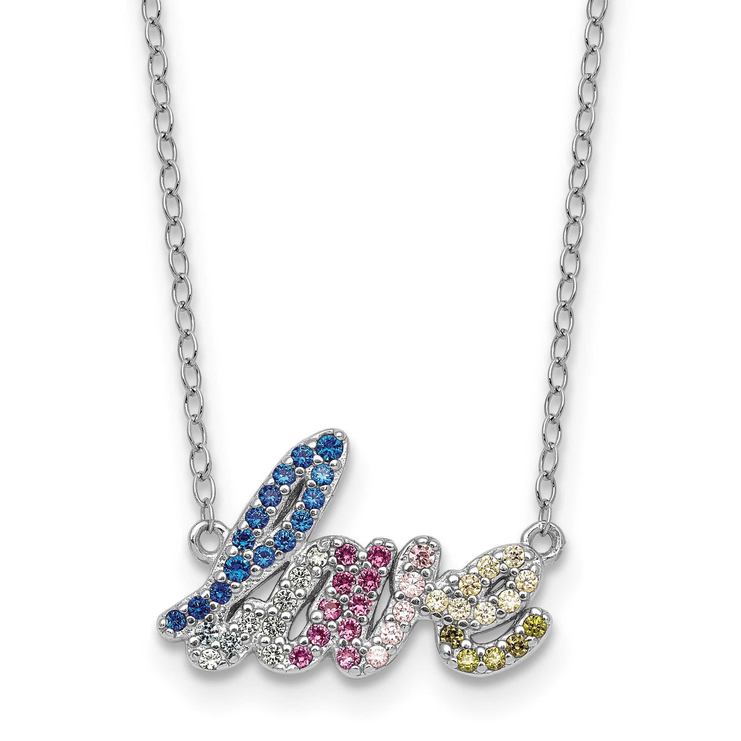 Polished Multicolor CZ Love 16 Inch with 2 Inch Extension Necklace Sterling Silver Rhodium-Plated, …