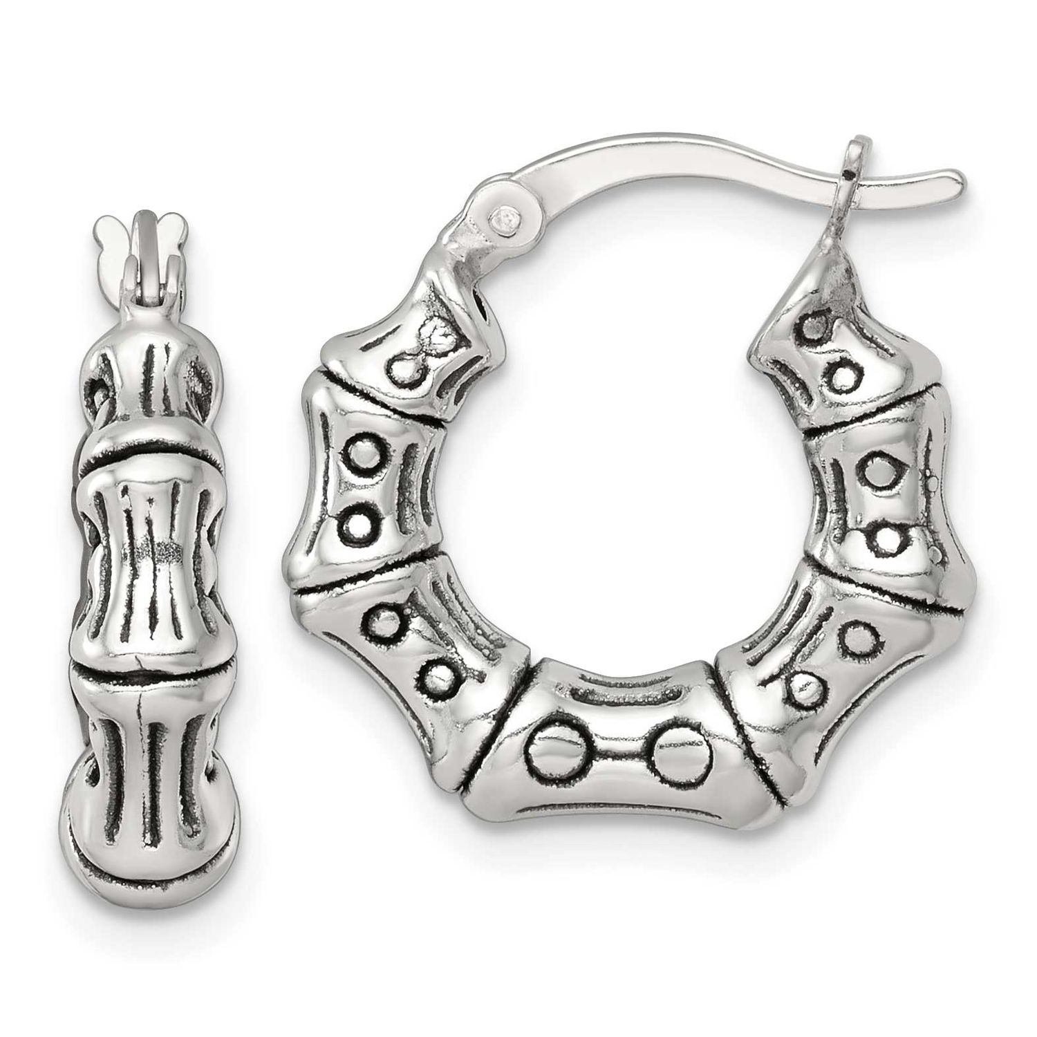 Textured Bamboo Round Hoop Earrings Sterling Silver Antiqued, MPN: QE17931, UPC: