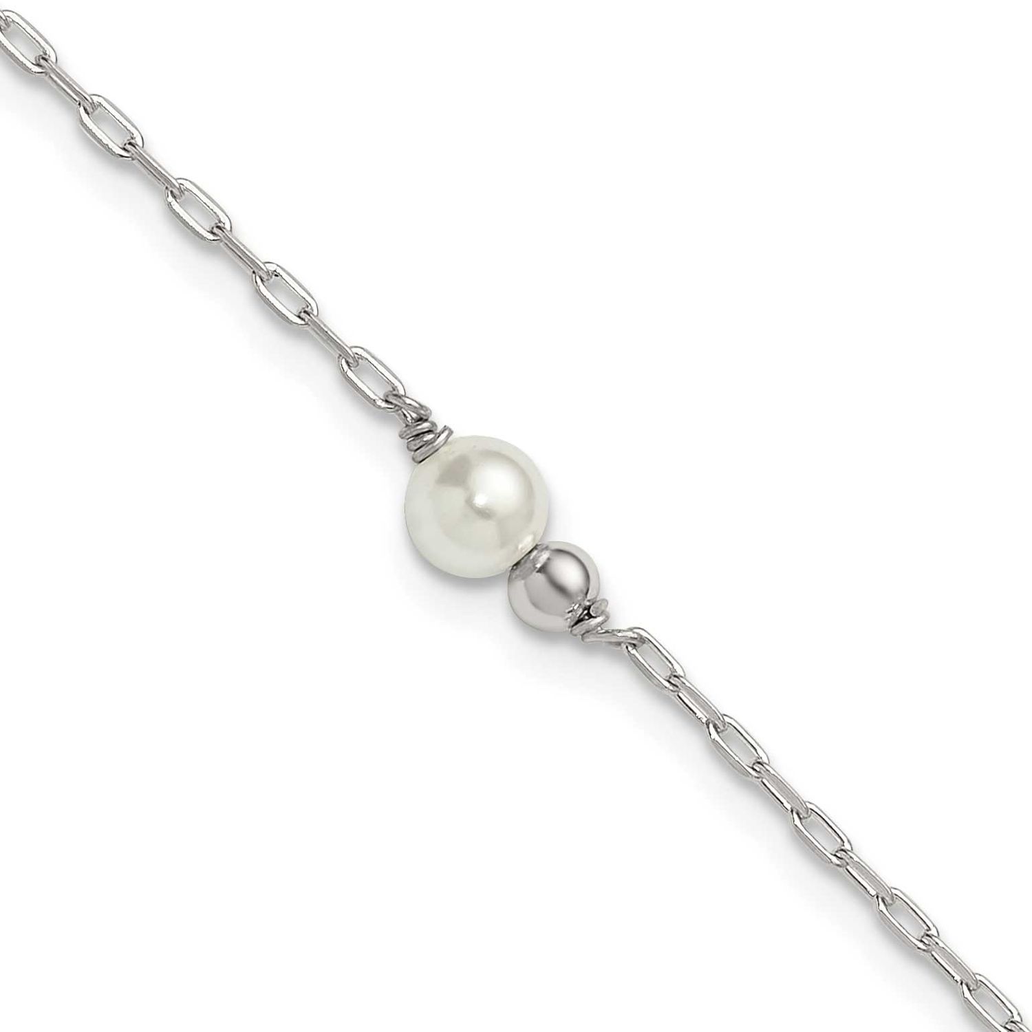 Bead and Glass Pearl 9 Inch Plus 1 Inch Extension Anklet Sterling Silver Polished, MPN: QG6900-9, U…