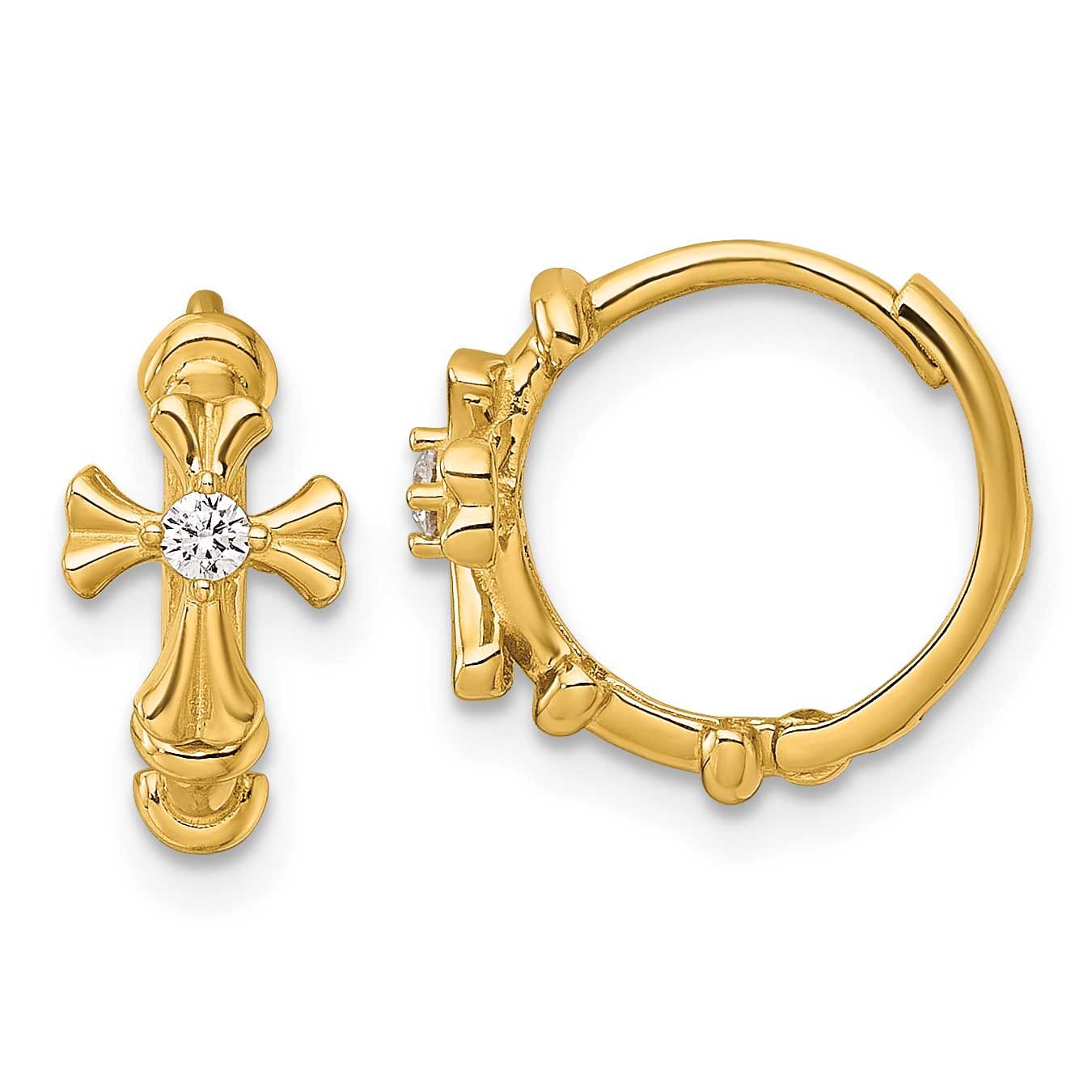 CZ Cross Hinged Round Hoop Earrings 14k Gold Polished, MPN: YE2231, UPC: