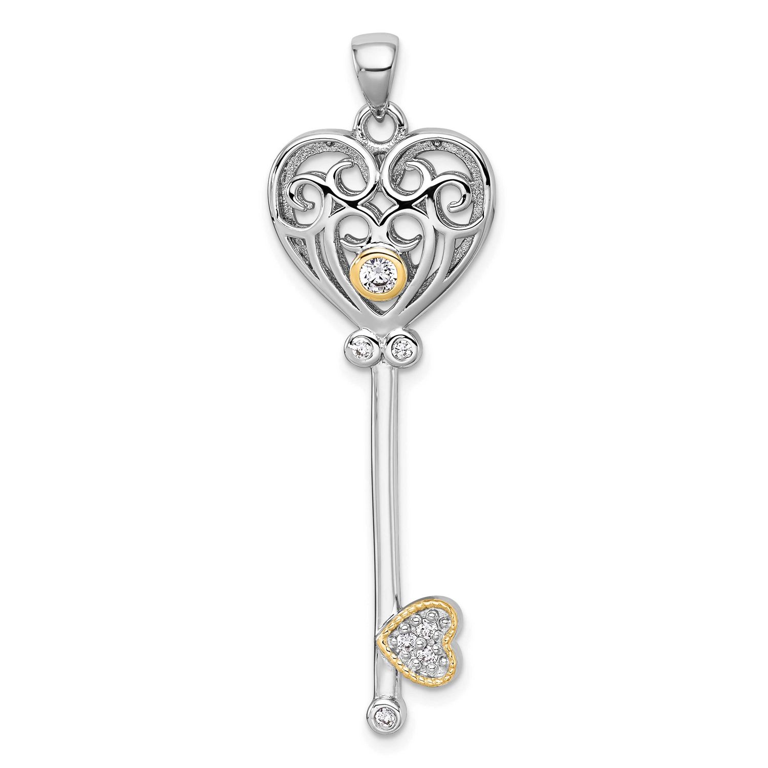 14k Accent Polished CZ Filigree Heart Key Pendant Sterling Silver Rhodium-Plated, MPN: QC11547, UPC: