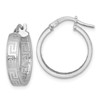 Textured Greek Key Hoop Earrings Sterling Silver Rhodium-Plated Polished, MPN: QE17866, UPC: